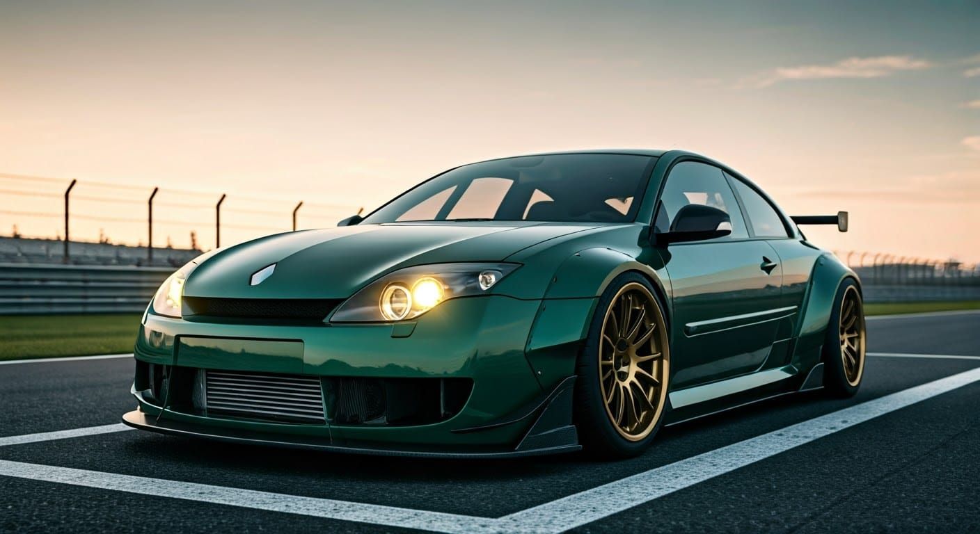 Sleek Green Racing Car Posed on Starting Line