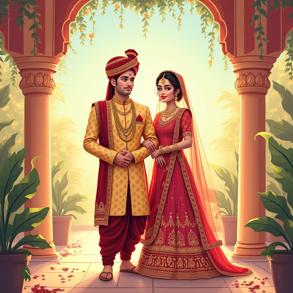 Traditional Indian Bride and Groom in Vibrant Anime-Inspired...