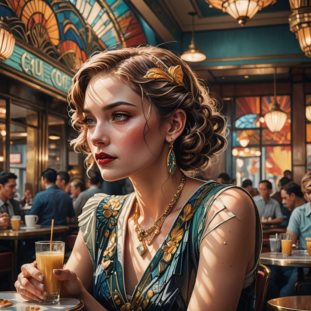 Art Deco Cafe Interior in Hyperrealistic Style