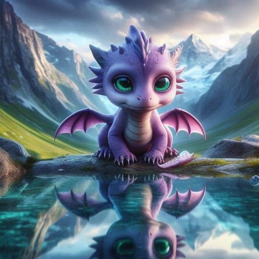 Hyper-Realistic Baby Dragon Reflecting in Mountain Pool