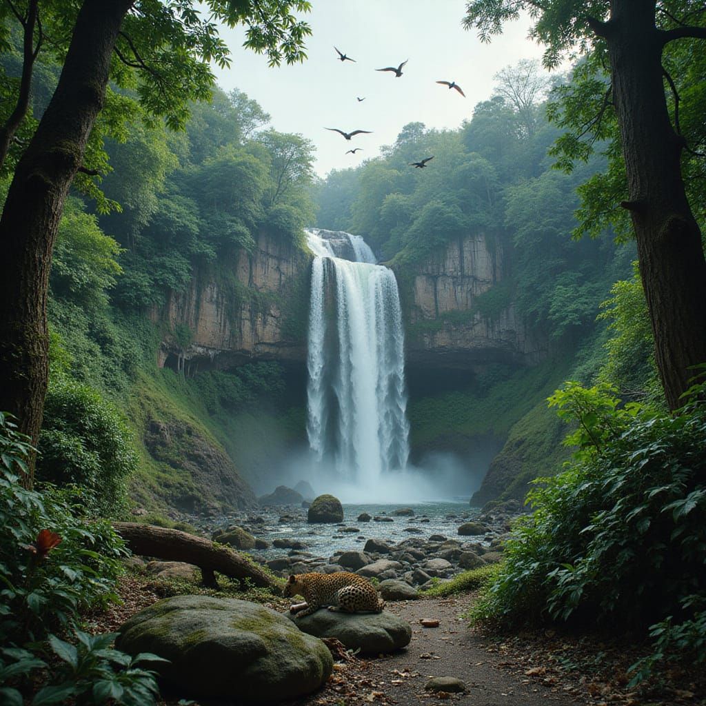 Epic Jungle Waterfalls with Birds and Leopard in Cinematic S...