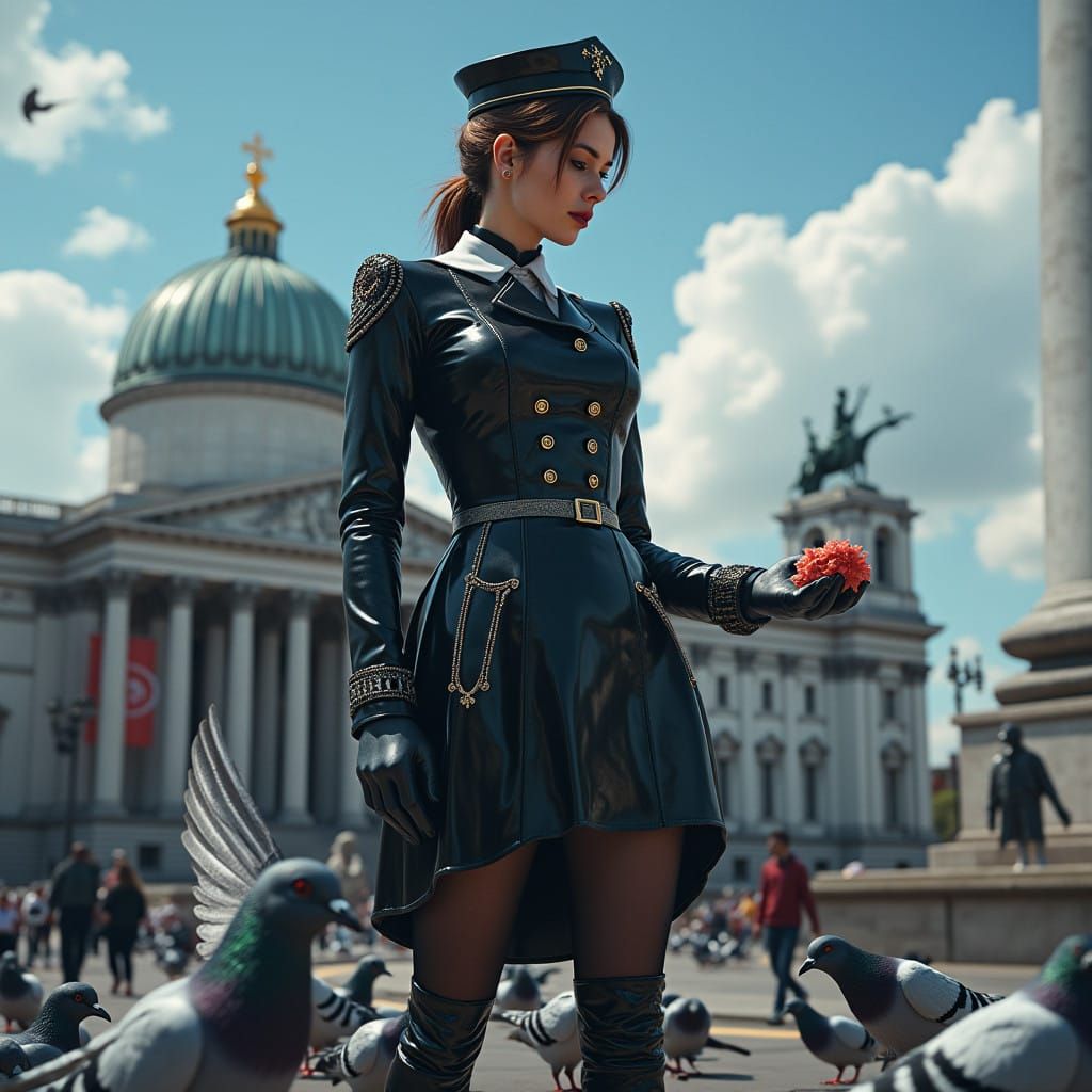 Nurse in Black Latex Uniform Feeds Pigeons in Trafalgar Squa...