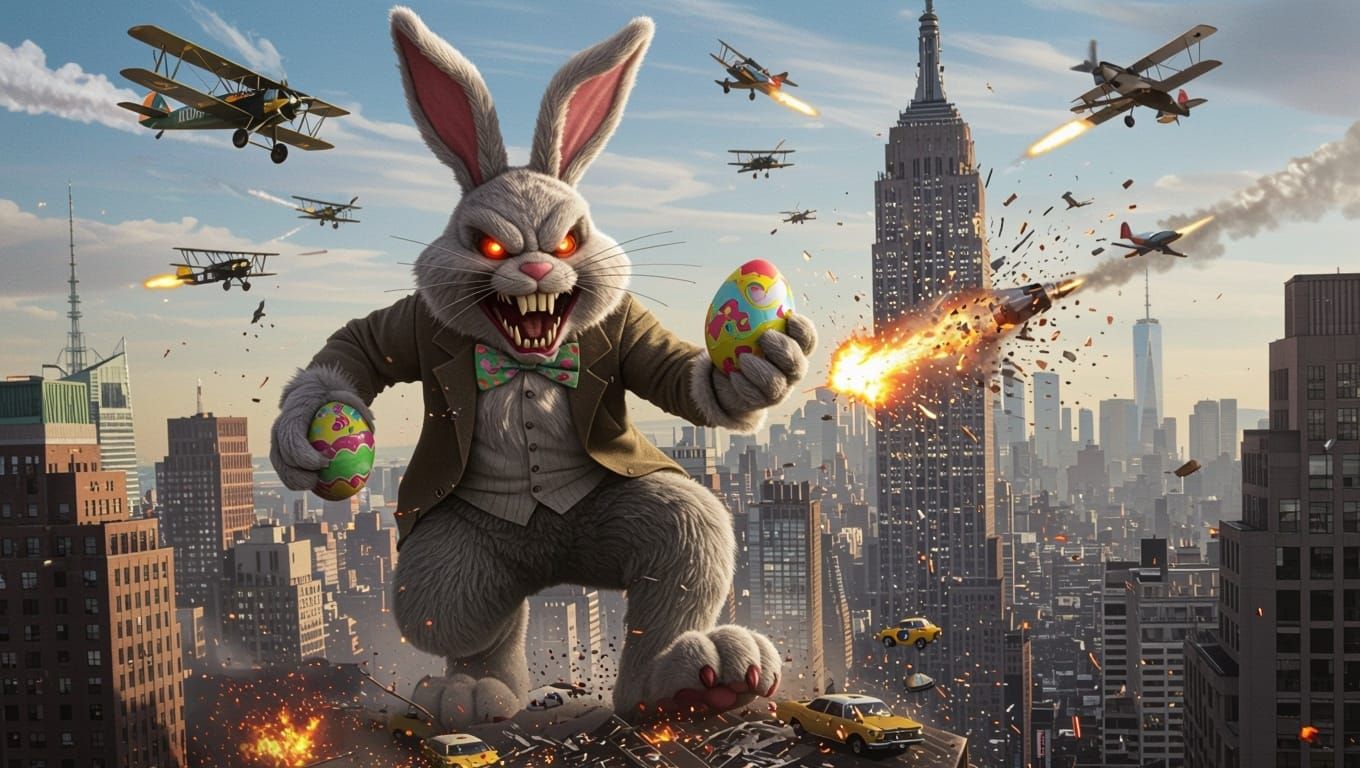 Gritty Easter Bunny Rampages Manhattan in Cyberpunk Chaos