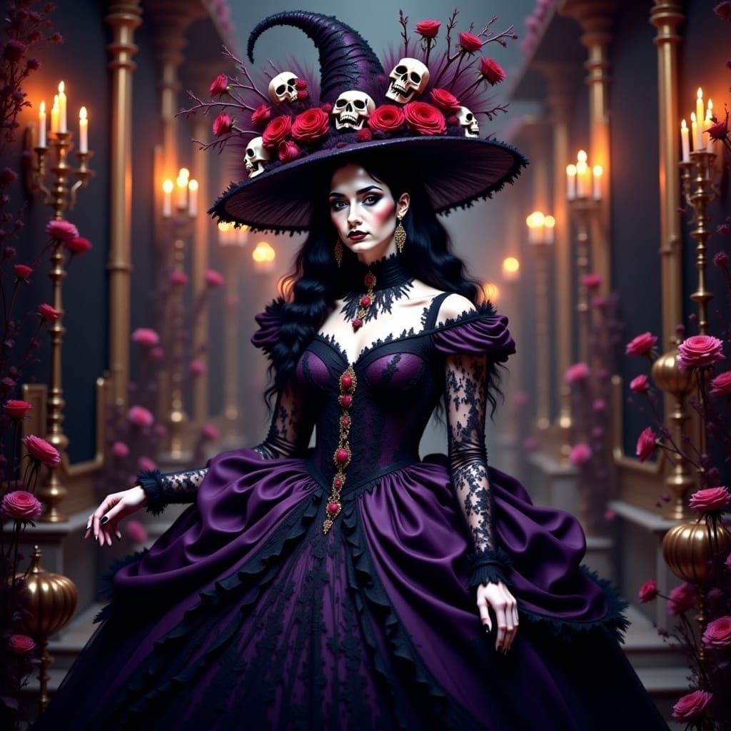 Haute Couture Witch Portrait with Roses and Skulls