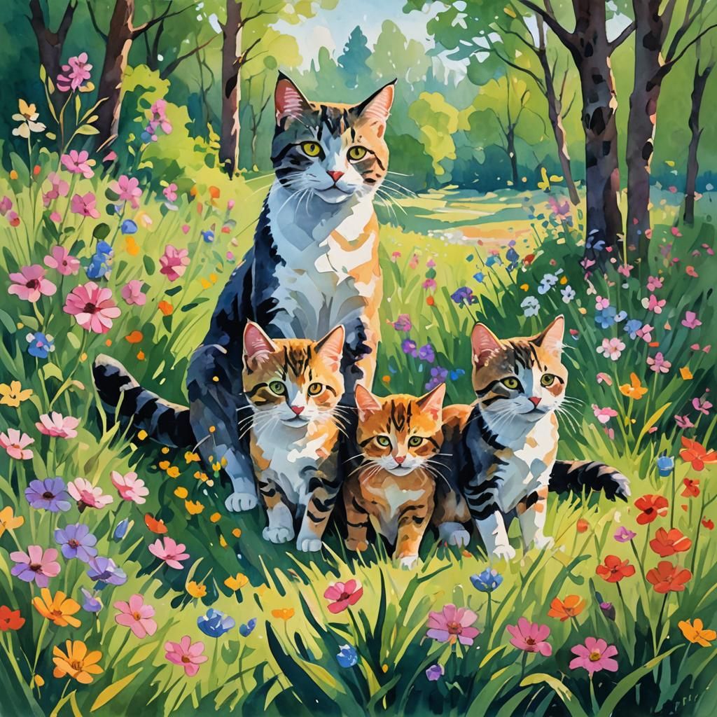 Cat Family in Lush Meadow: Gouache Watercolor Painting