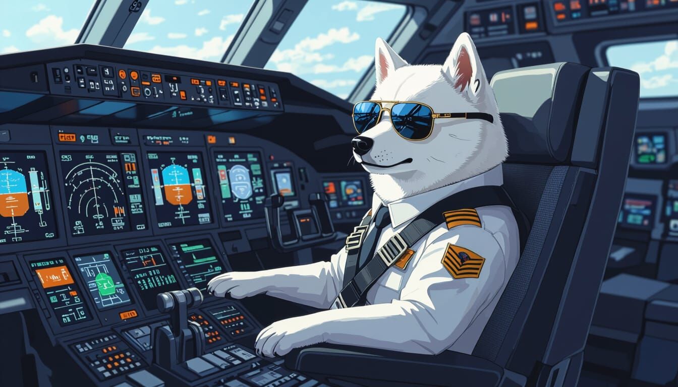 Albino Shiba Inu Pilot in Futuristic Airbus