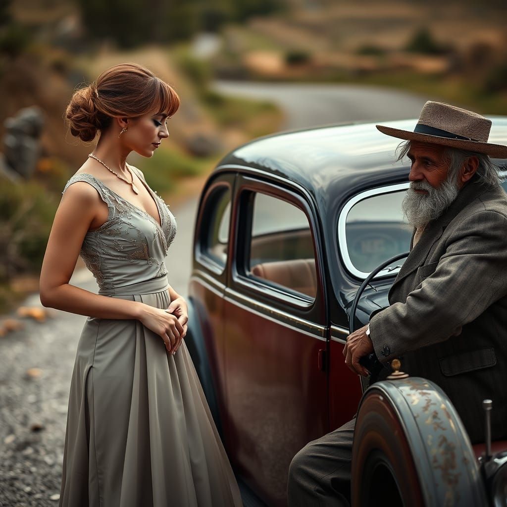 Elegant Woman Offers Tramp a Ride, Professional Photography