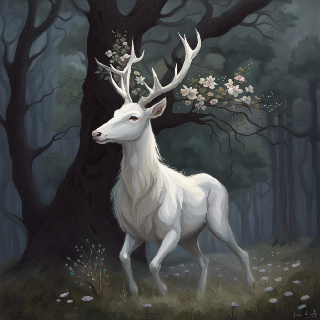 White Stag Girl in Valley at Night