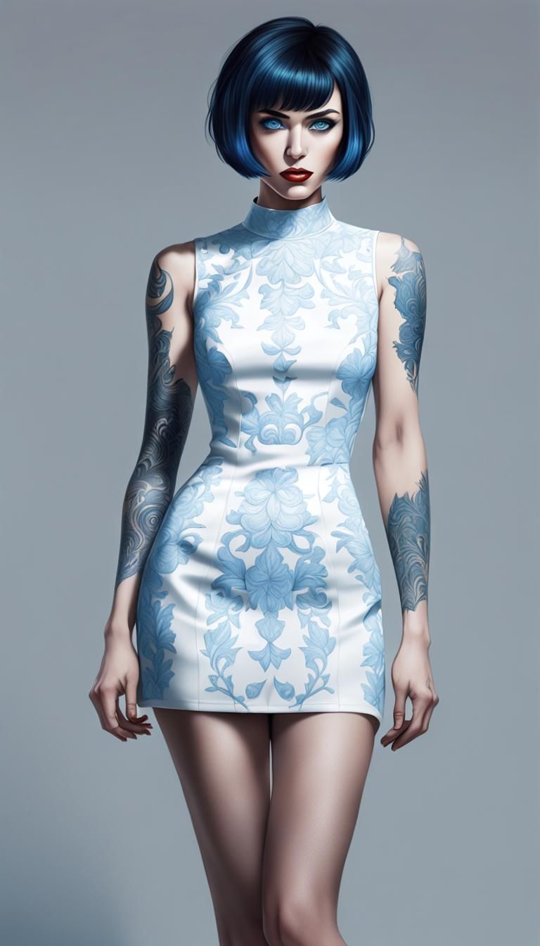 Blue-Skinned Woman in White Dress, Cartoon Style