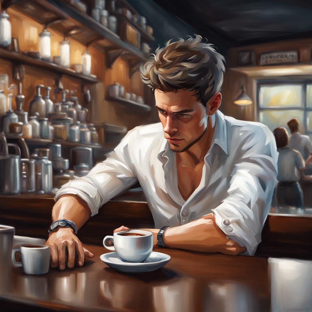 Young Man Drinking Espresso at Coffee Bar