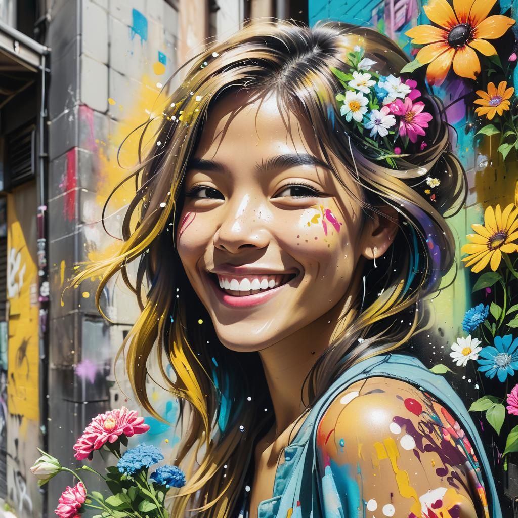Woman Surrounded by Blooming Flowers in Surreal Graffiti