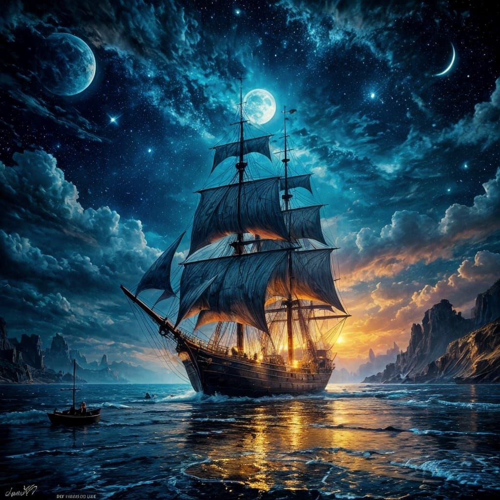 Sailboat Silhouette Under Sparkling Moon as Digital Art