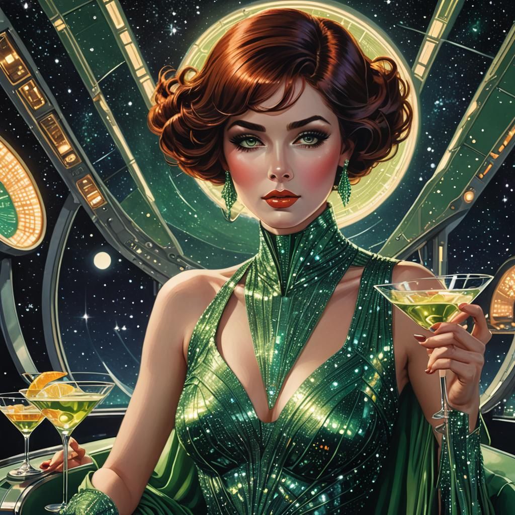 Retro-Futuristic Woman Sipping Martini in Spaceship Lounge
