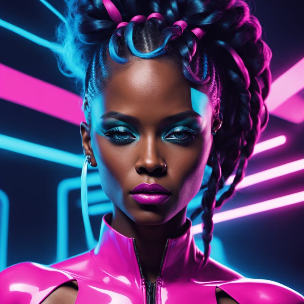 Confident Black Woman in Neon Synthwave Style
