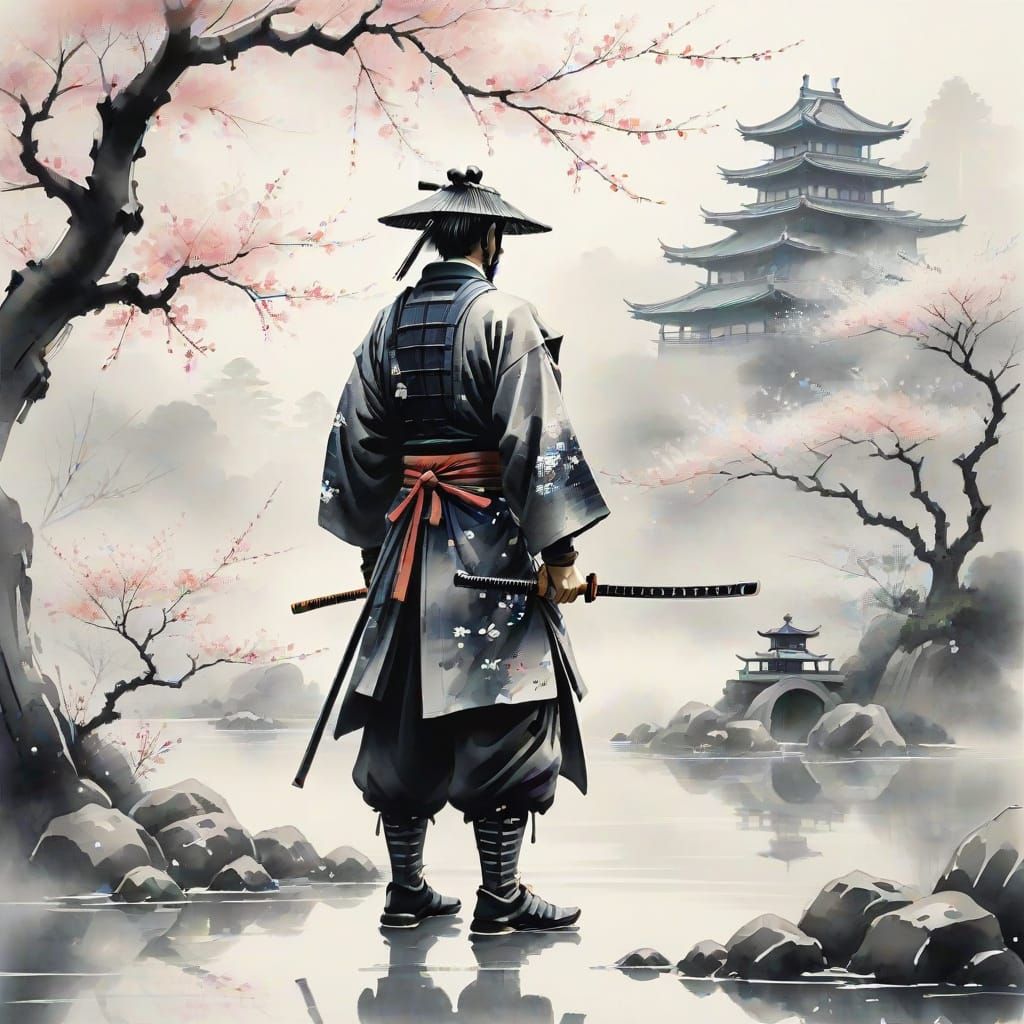 Samurai in Garden: Japanese Ink Painting