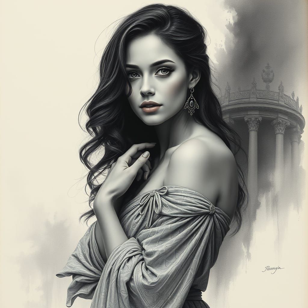 Elegant Woman in Dark Realism Charcoal Drawing