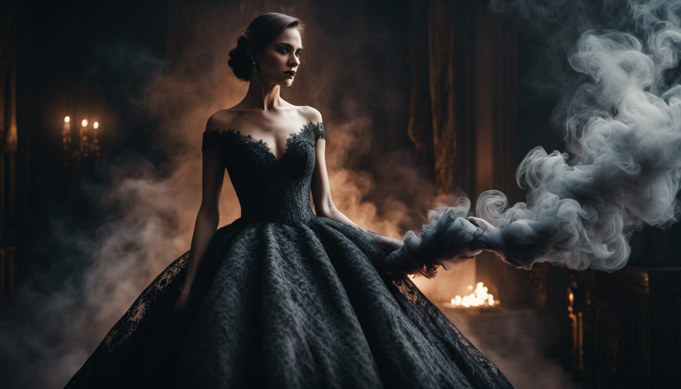 Woman in Obsidian Black Smoke Ballgown, Rutkowski Style
