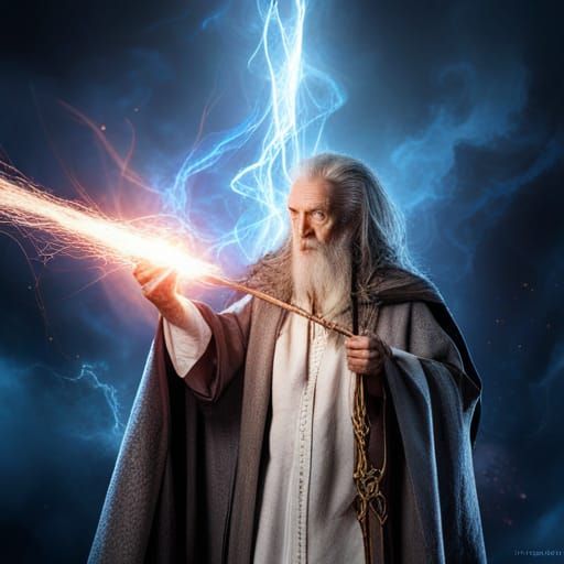 Elder Wizard Casts a Spell with Ethereal Staff