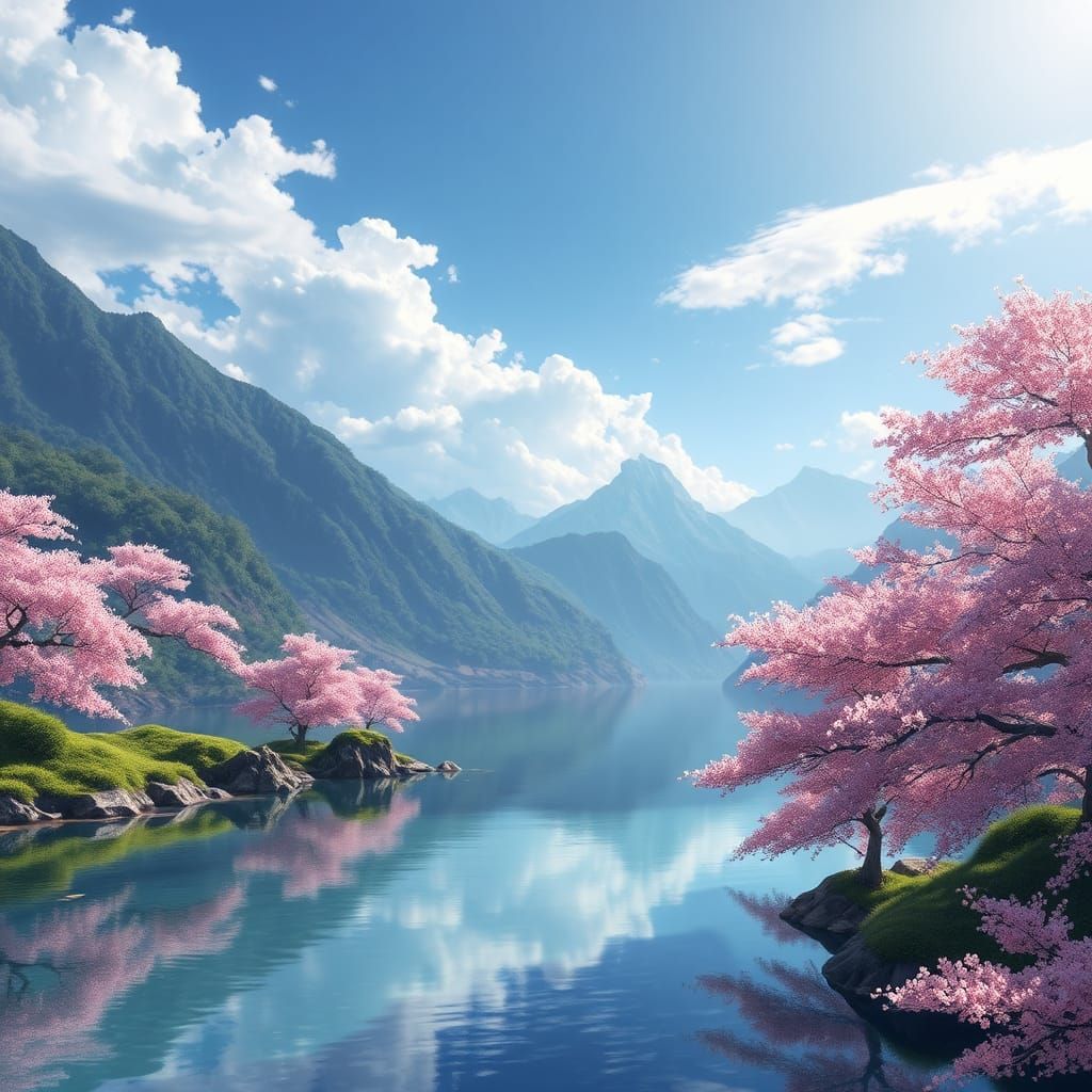 Serene Mountain Lake with Cherry Blossoms in Anime Style
