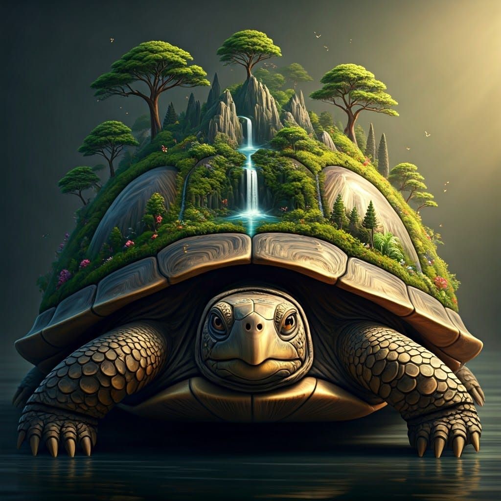 Surreal Turtle in a Lush, Detailed Landscape