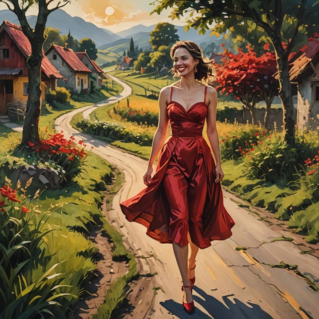 Woman in Red Dress Smiling: Fantastical Oil Painting