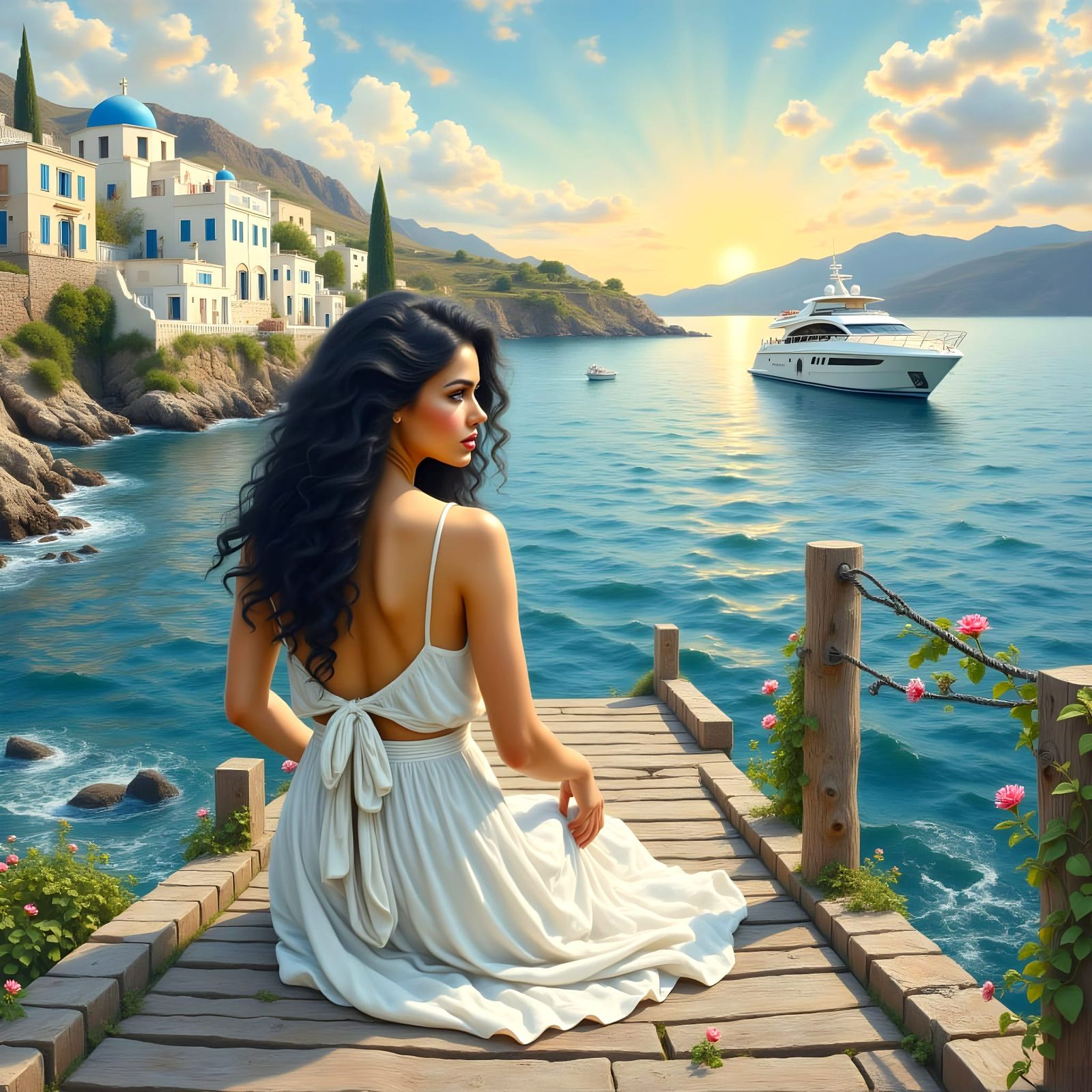 Serene Greek Goddess Watches Luxury Yacht on Rustic Pier