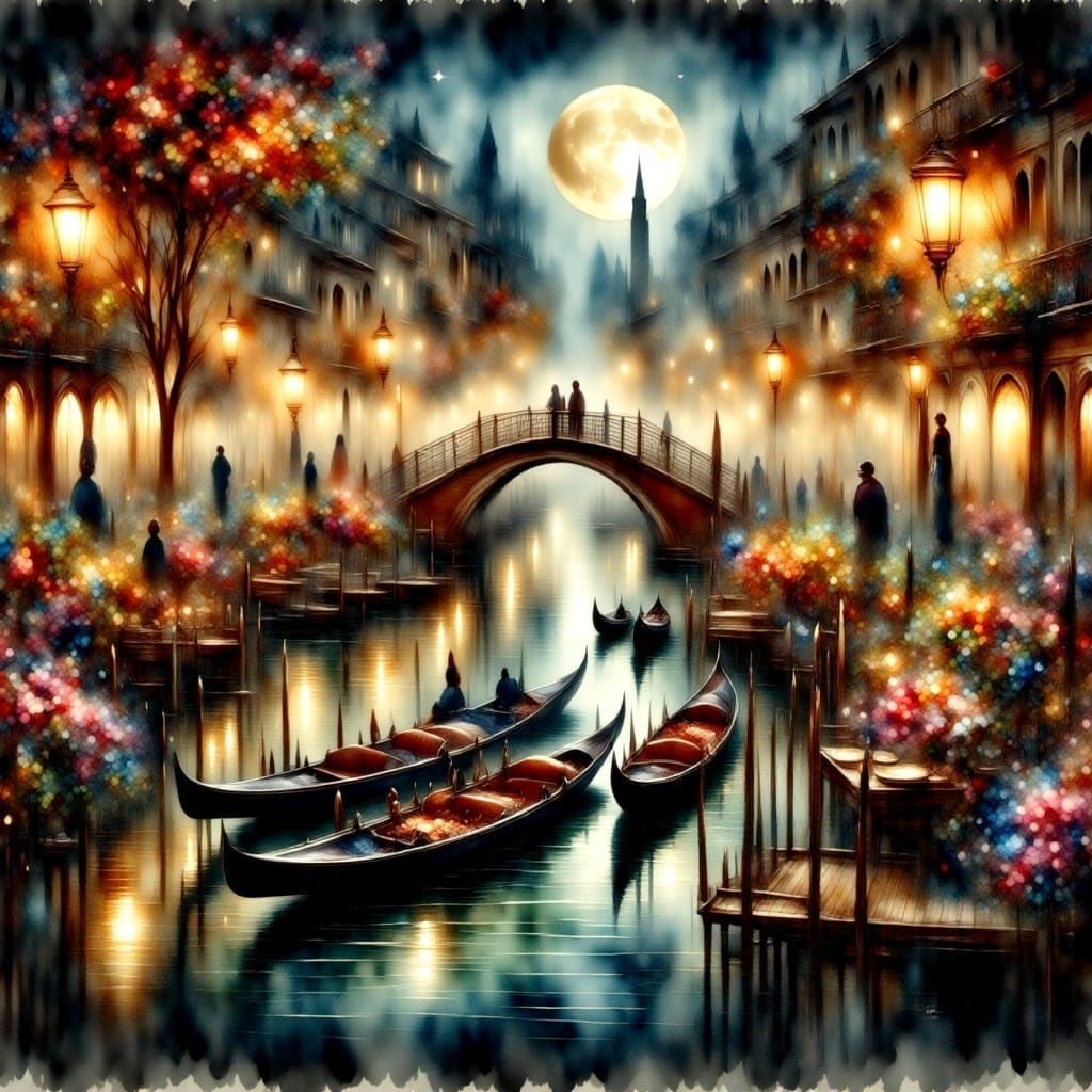 Venice Gondolas Reflecting Stars in Watercolor Style