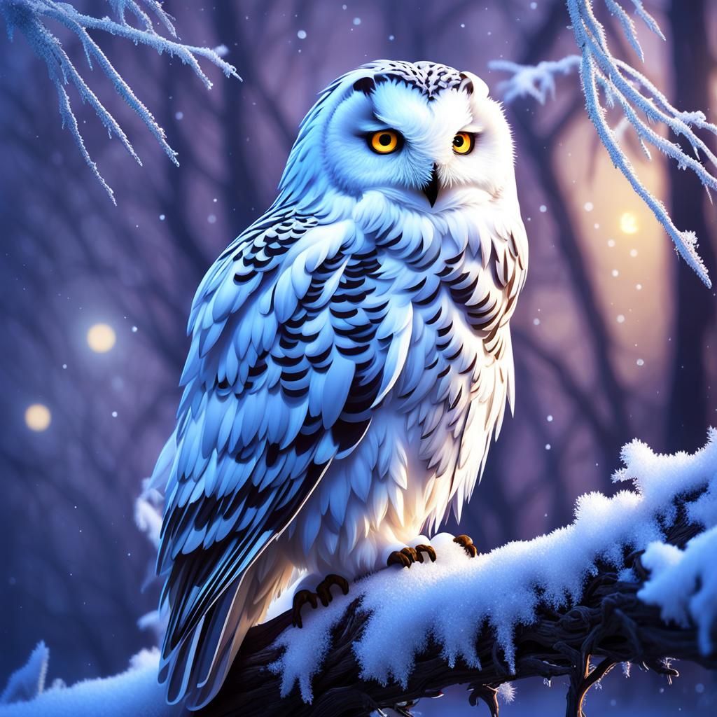 White Owl on Frosty Branch in Aetherpunk Style