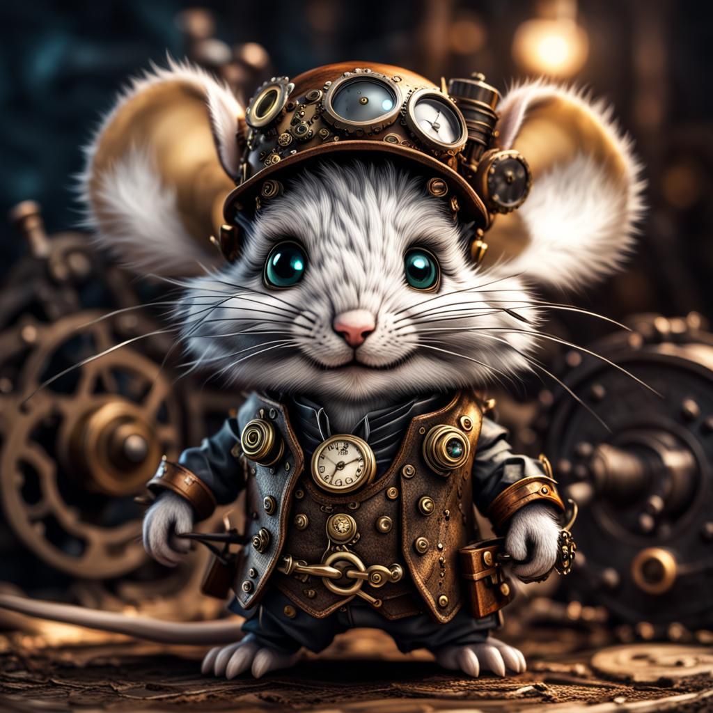 Steampunk Chibi Mouse Portrait in Hyperrealistic Detail