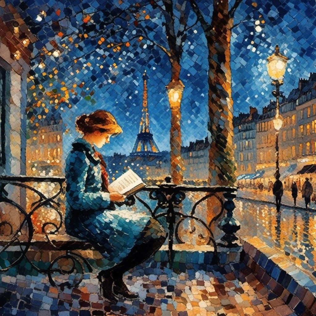Girl Reading in Paris: Impressionistic Night Scene