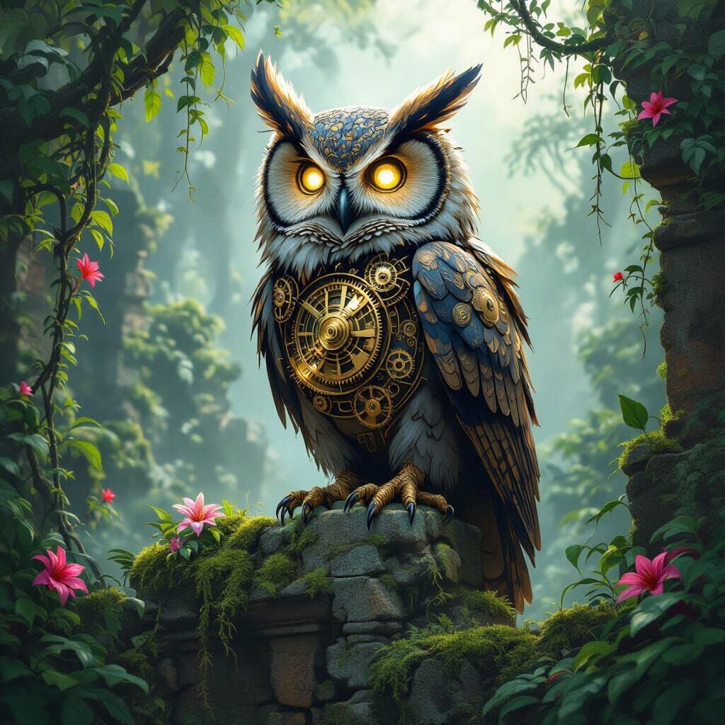 Clockwork Owl on Ancient Ruins in Ethereal Jungle