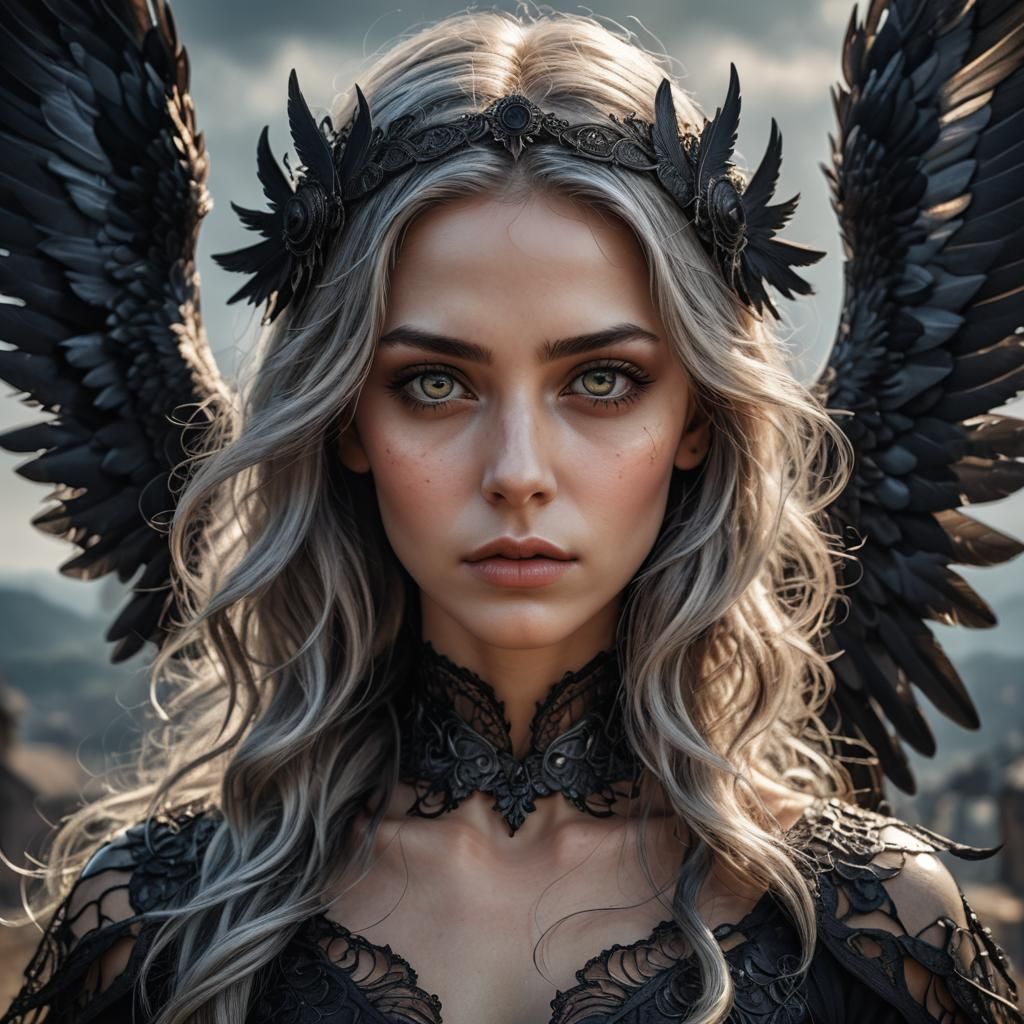 Hyperrealistic Woman with Translucent Features and Black Win...