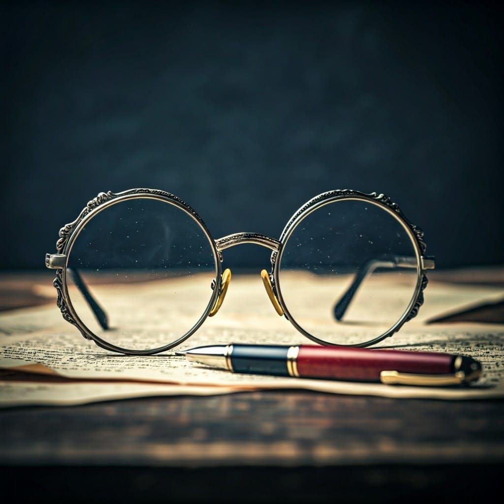 Vintage-Inspired, Ornate Eyewear on Worn Wooden Desk