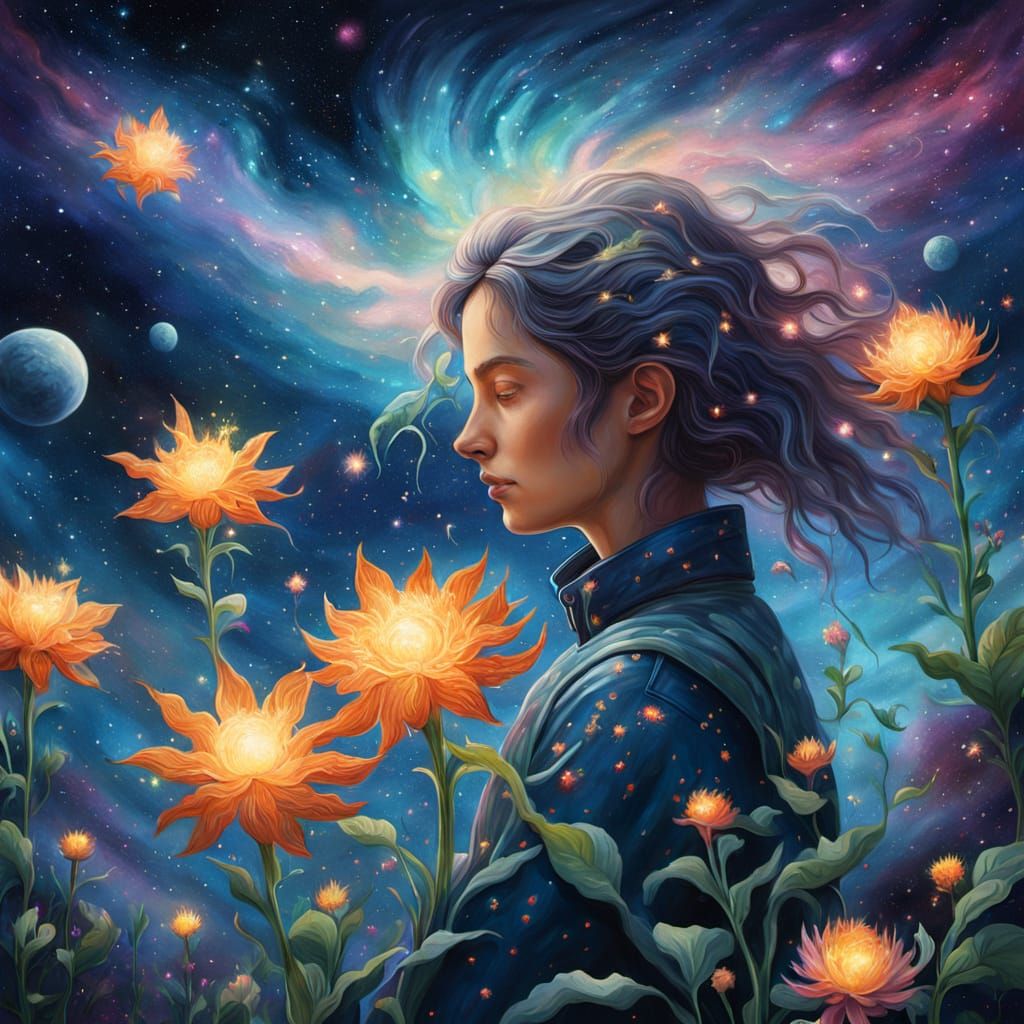 Cosmic Gardener Tending Stars: Surreal Oil Painting