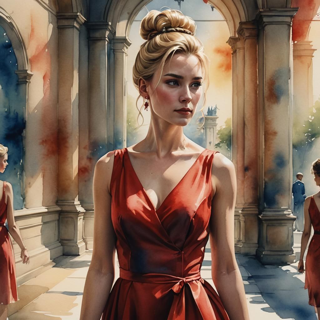 Watercolor Portrait of Woman in Red Dress