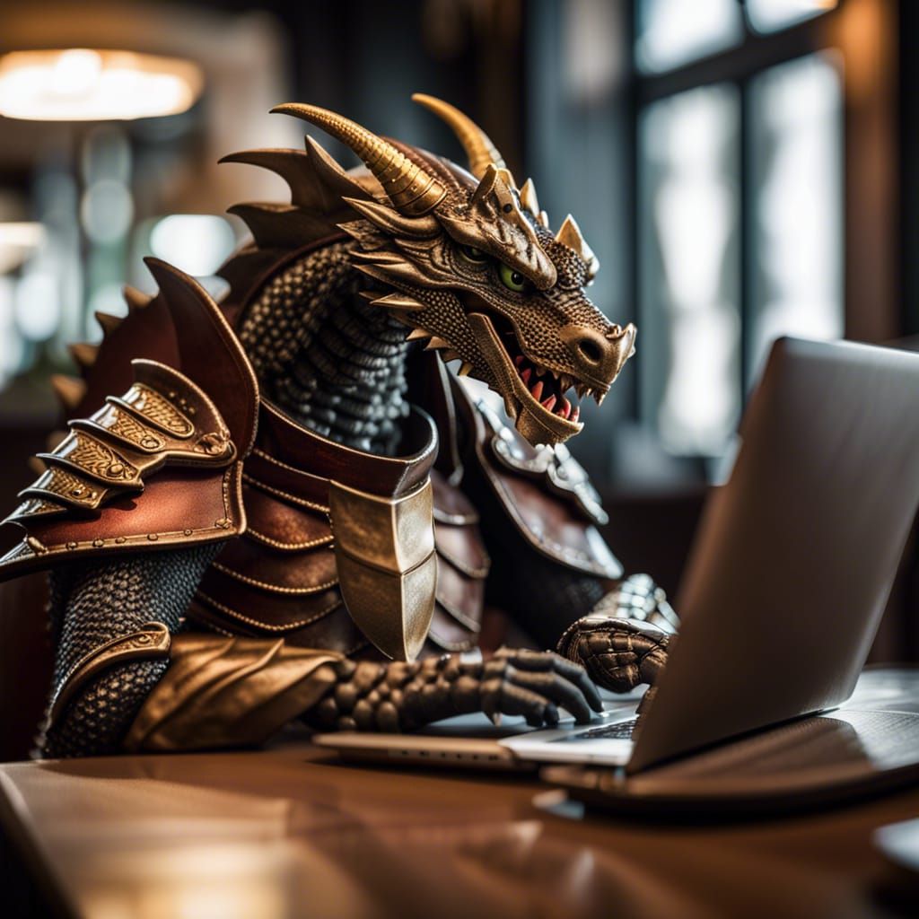 Armored Dragon at Coffee Shop: Digital Illustration