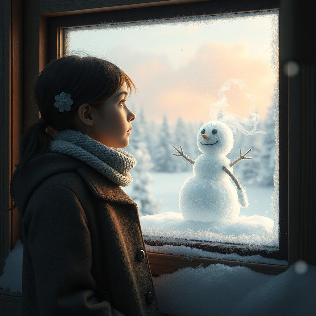 Ethereal Snowman Appears to Girl at Frosty Window