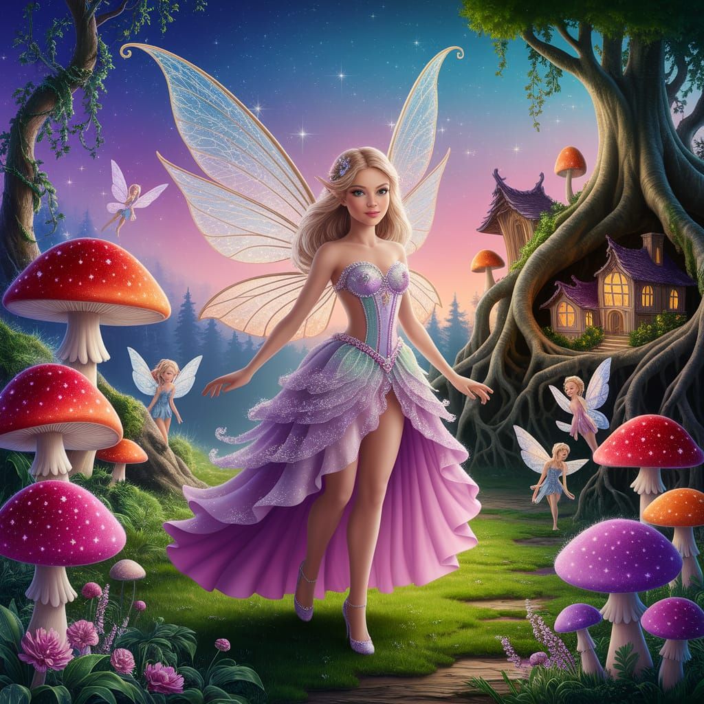 Whimsical Fairy Village in Enchanted Twilight Landscape
