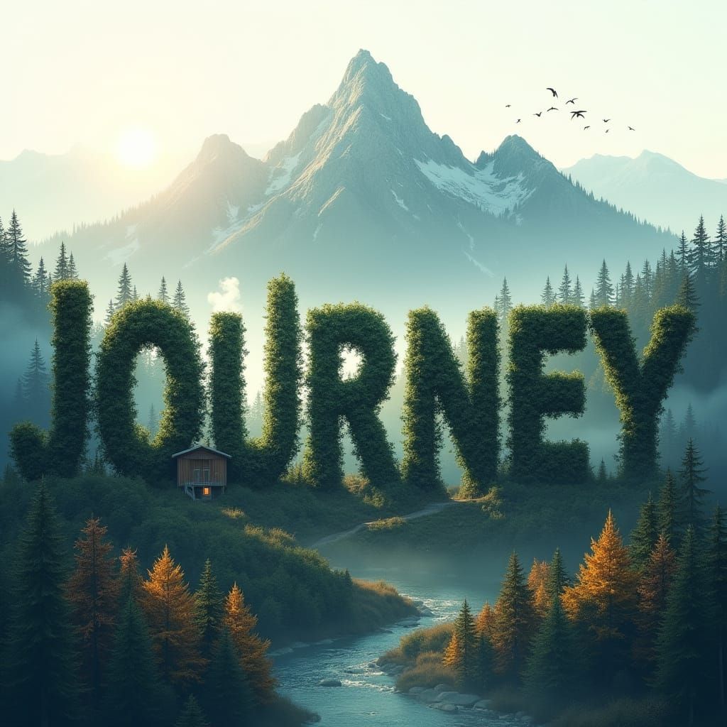 Serene Calligram Mountain Landscape in Nature's Cathedral St...