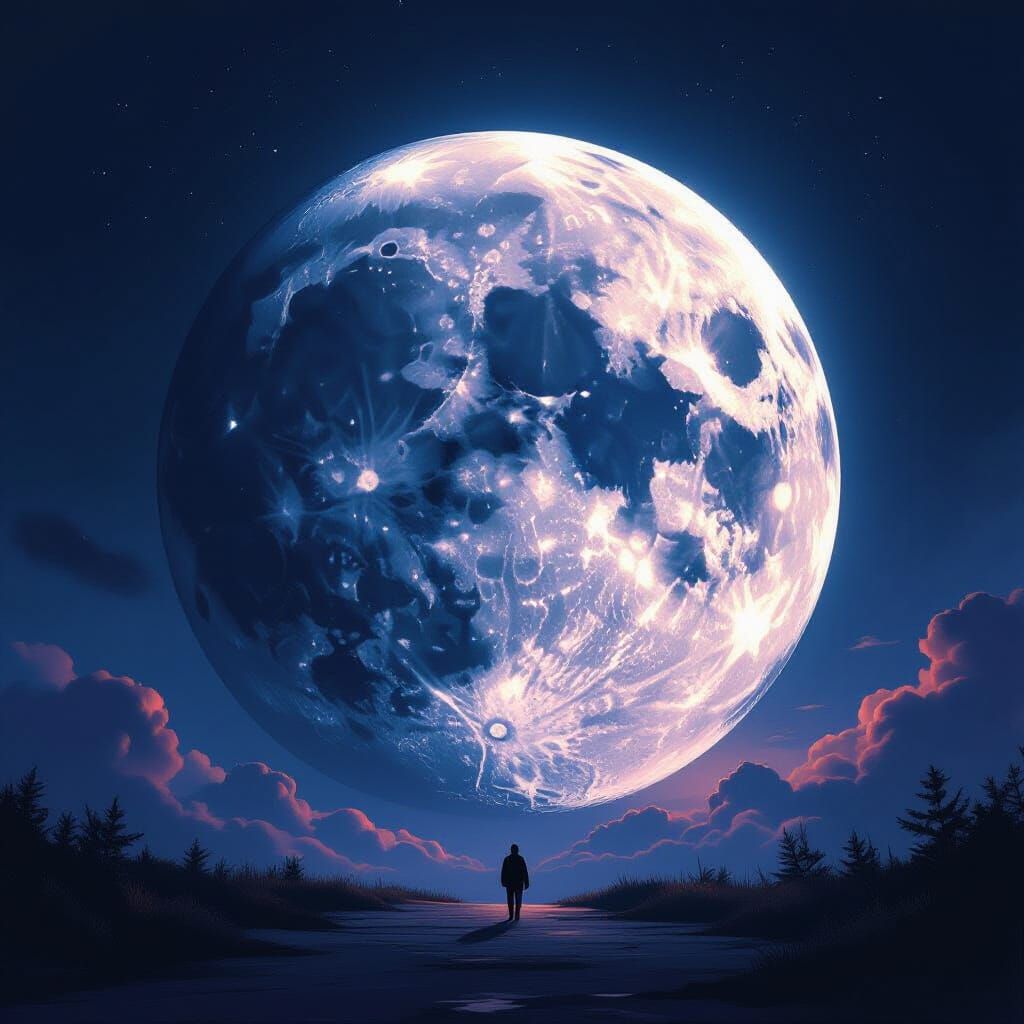 Gigantic Moonlit Night with Lone Man