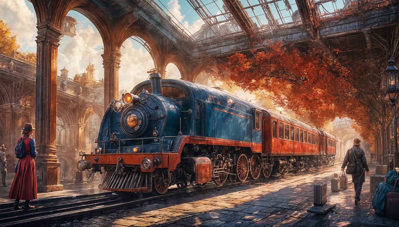 Elegant Woman Boards a Vintage Train at a European Station