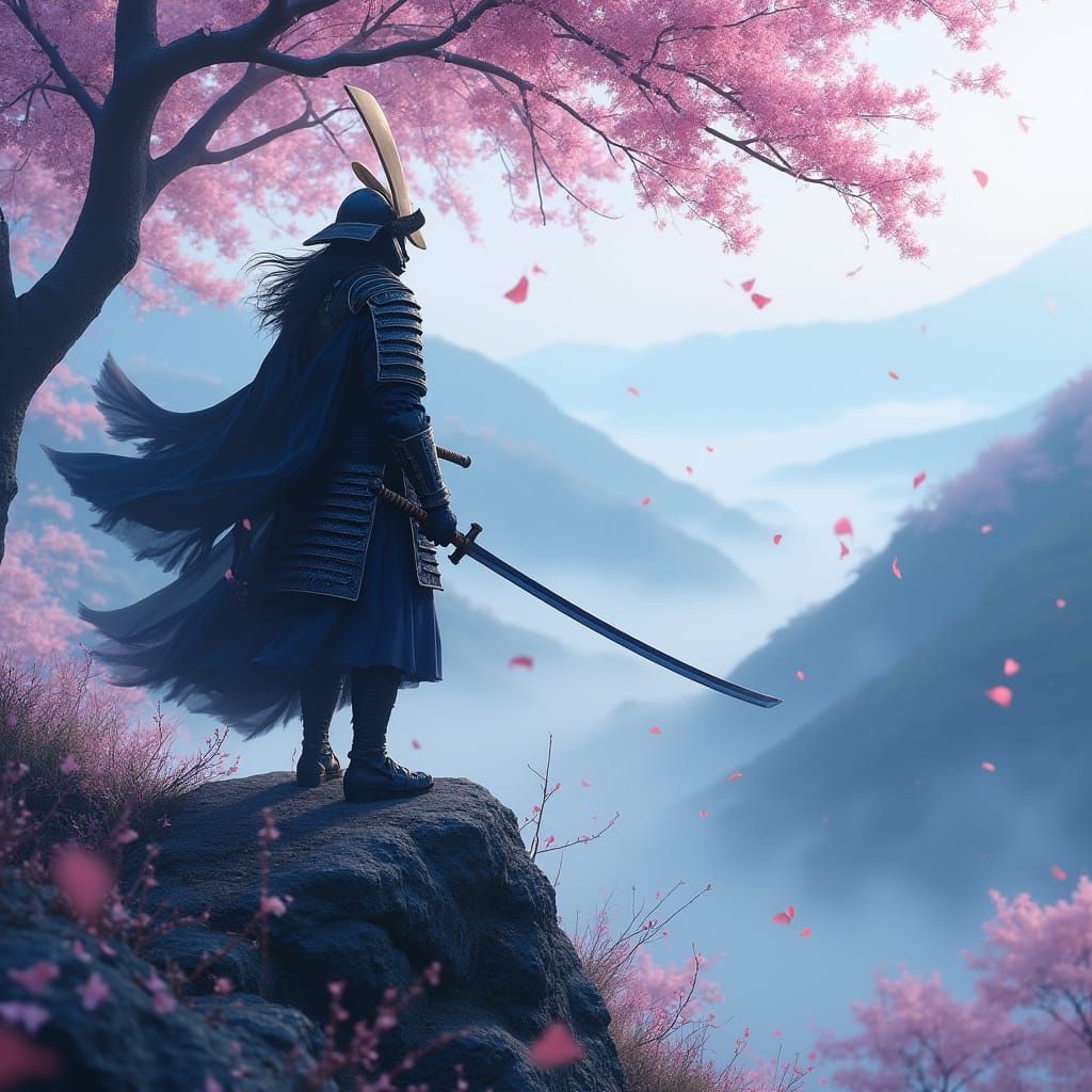 Samurai Warrior on Windswept Peak Overlooks Misty Valley in ...