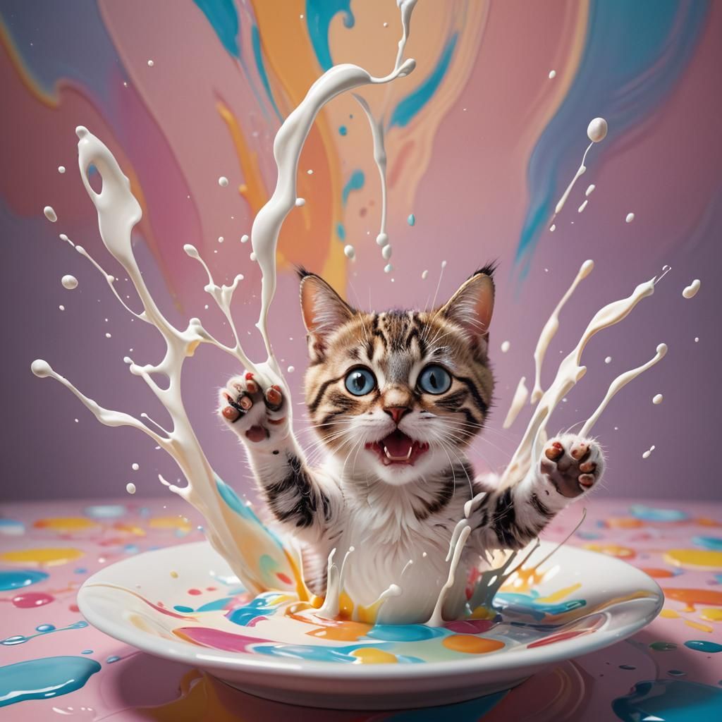 Hyperrealistic Cat Enjoys Milk in Splash Art