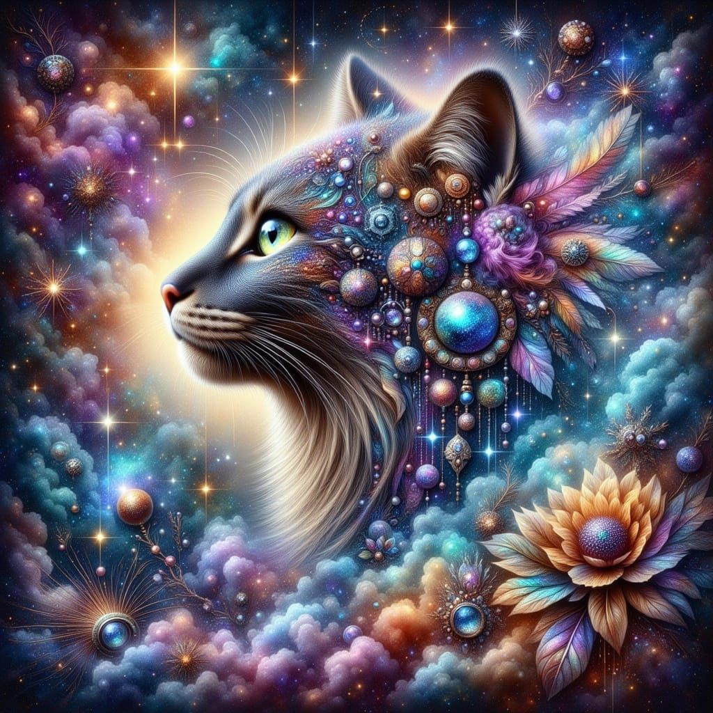 Cat Face Filled With Celestial View in Watercolor Style