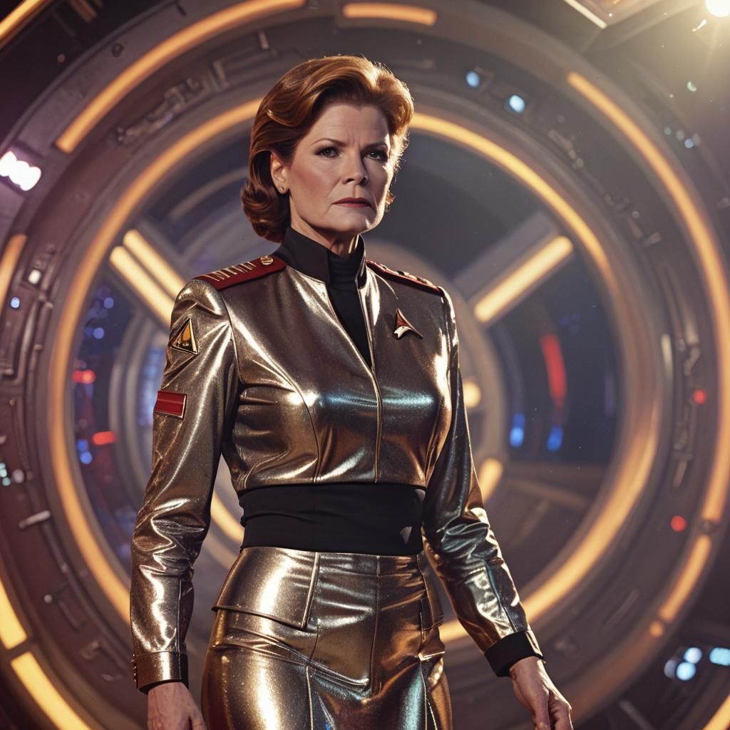 Heroic Captain Janeway in Sci-Fi Metallic Uniform
