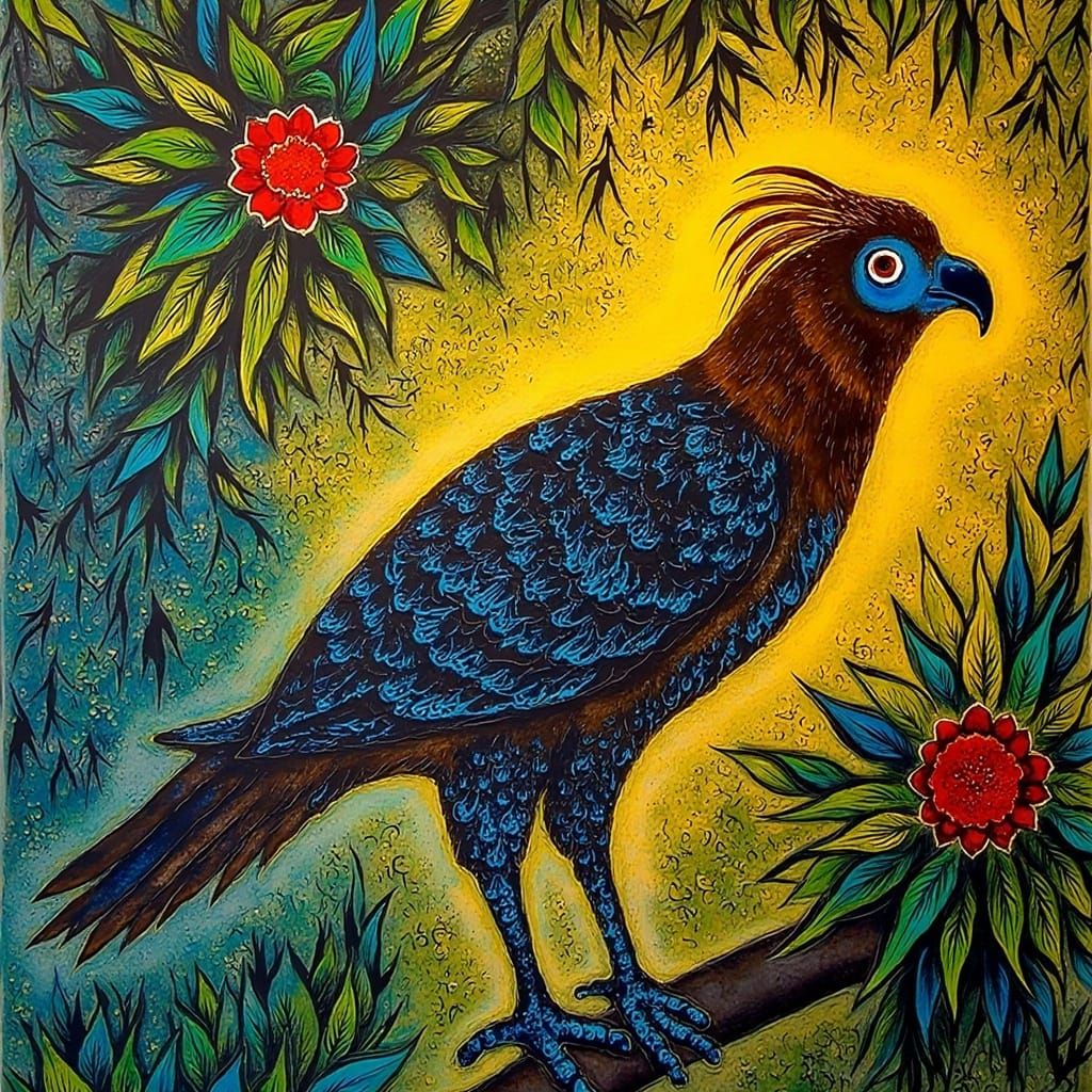 <lora:Marc Chagall Style:1.0> Batik-inspired digital art. Medium shot. A Crested Serpent Eagle perched on a branch amids...