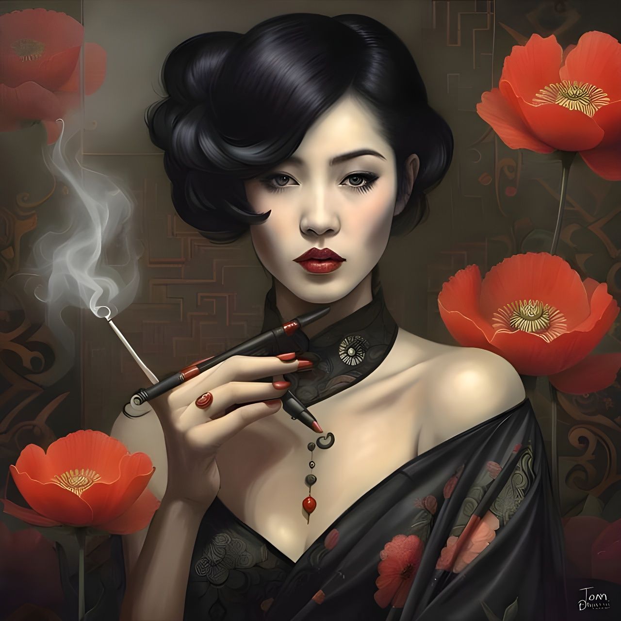 Dreamlike Opium Den Portrait in Ink Art Style