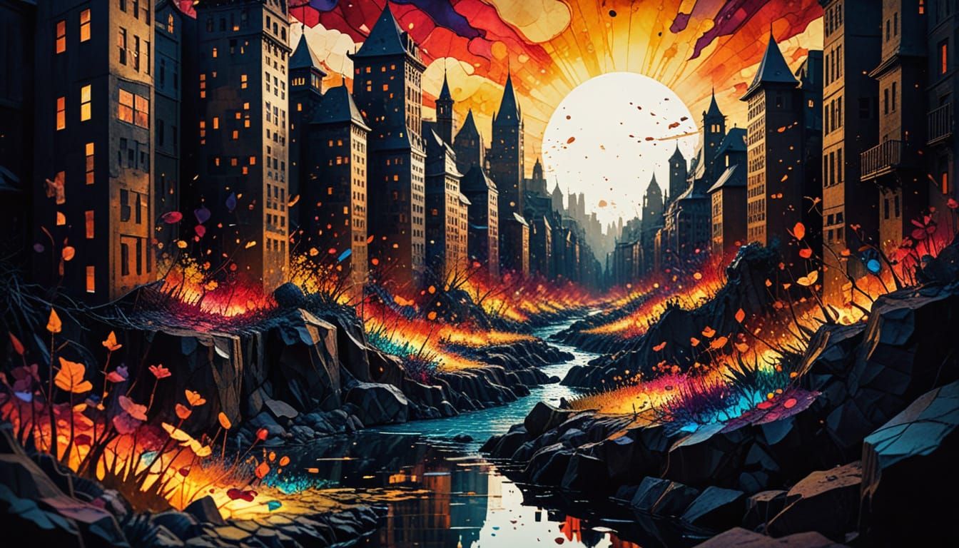 Vibrant Paper Cityscape in Bleeding Alcohol Ink