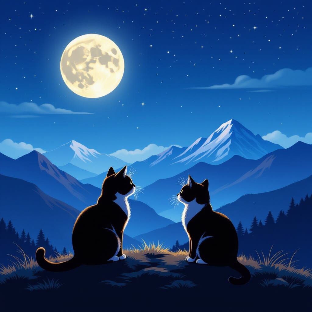 Cats Silhouetted on Hill Under Moonlight