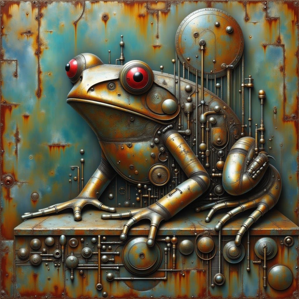 Steampunk Frog in Industrial Gearwork Habitat